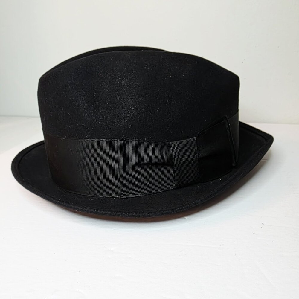 Vtg 50's Wynewood Mens Black Genuine Fur Felt Hat Sz 7 22" Long Oval Fedora